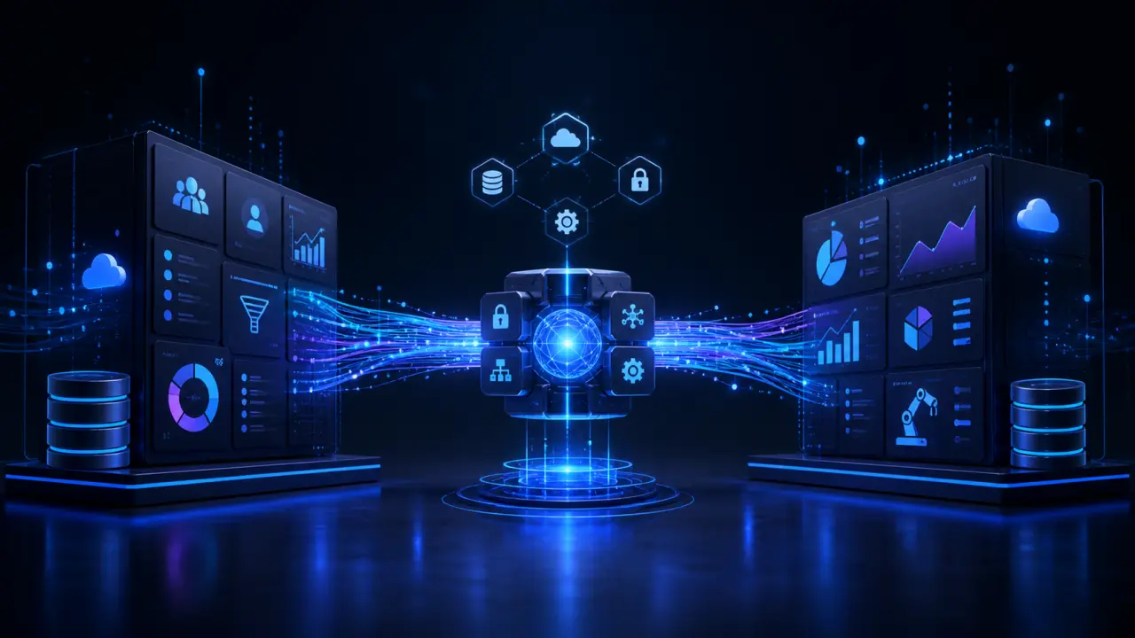 Illustration 3D de flux de données reliant un CRM et un ERP dans un environnement cybernétique