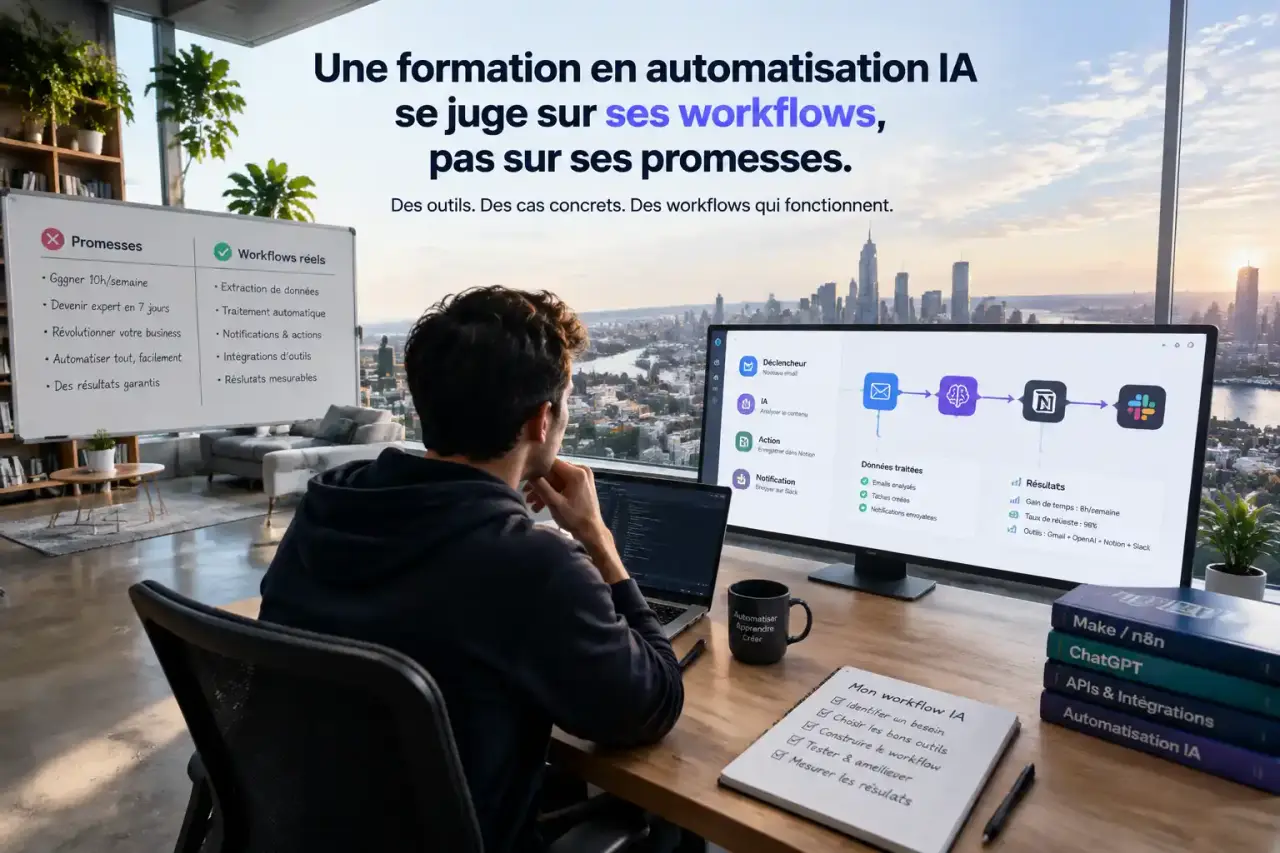 Une formation en automatisation IA se juge sur ses workflows, pas sur ses promesses