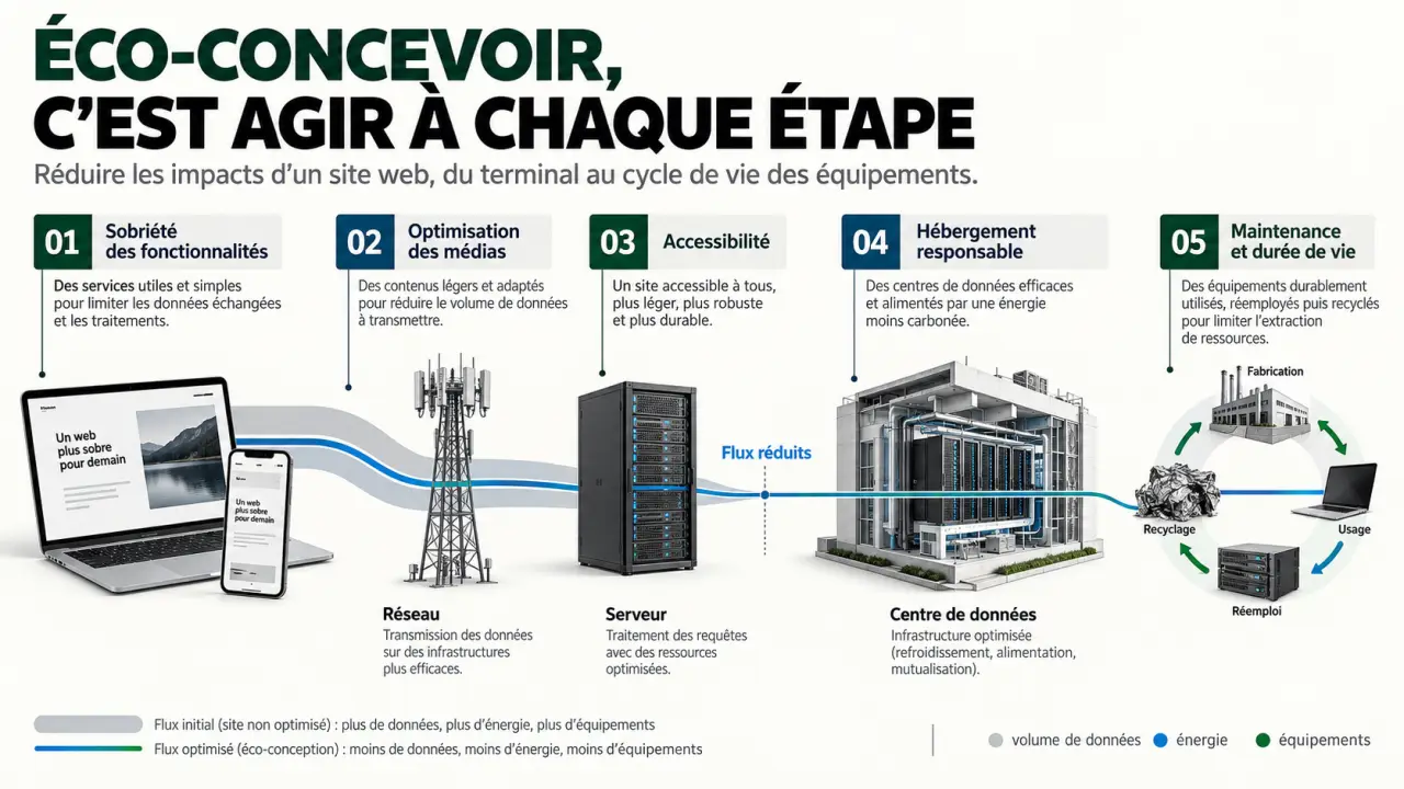 Infographie sur l’engagement écologique dans la création de site web et la chaîne d’impact du numérique