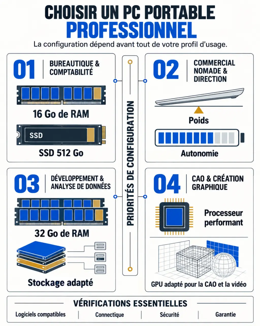 Infographie sur le choix d’un PC portable professionnel selon l’usage et la configuration