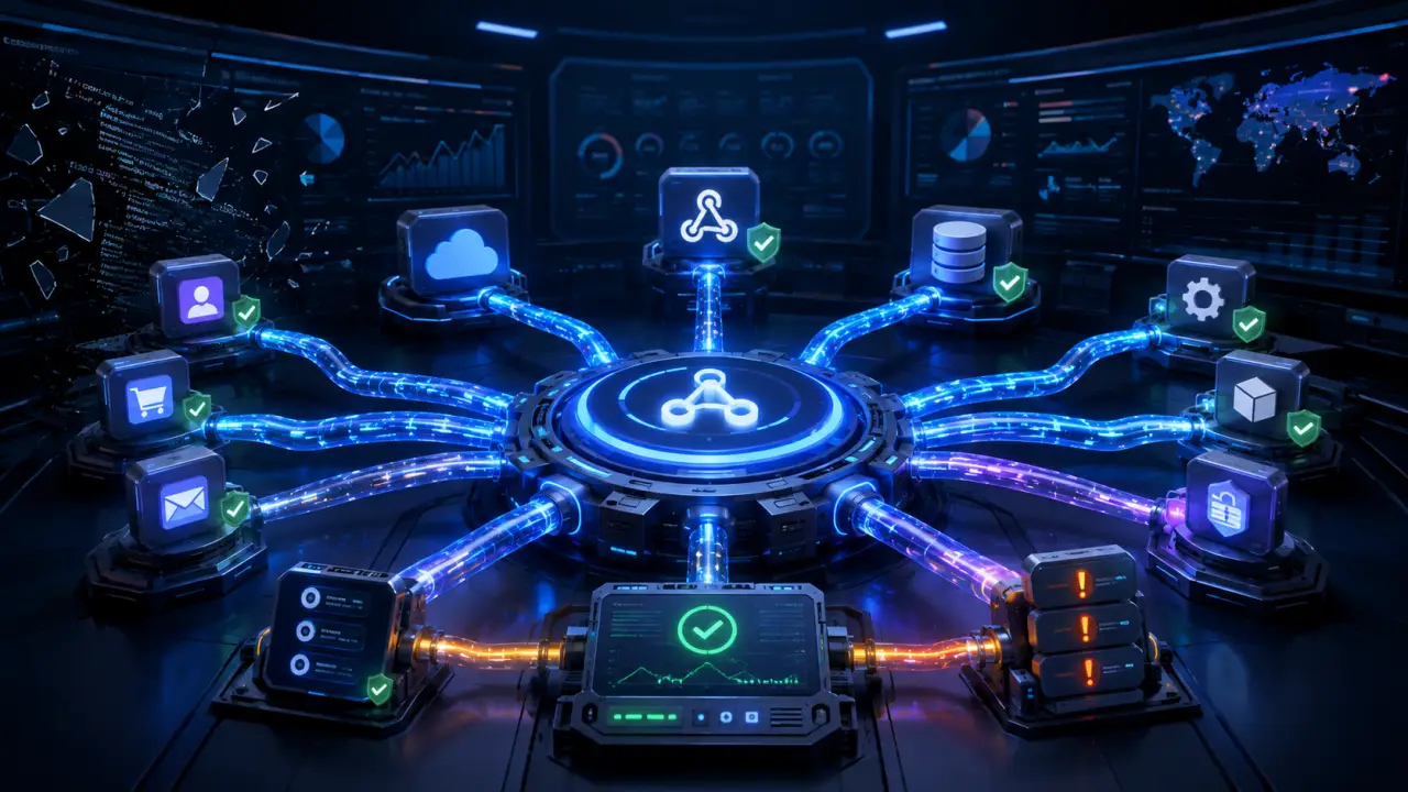 Visualisation 3D d'un flux de webhooks iPaaS en production