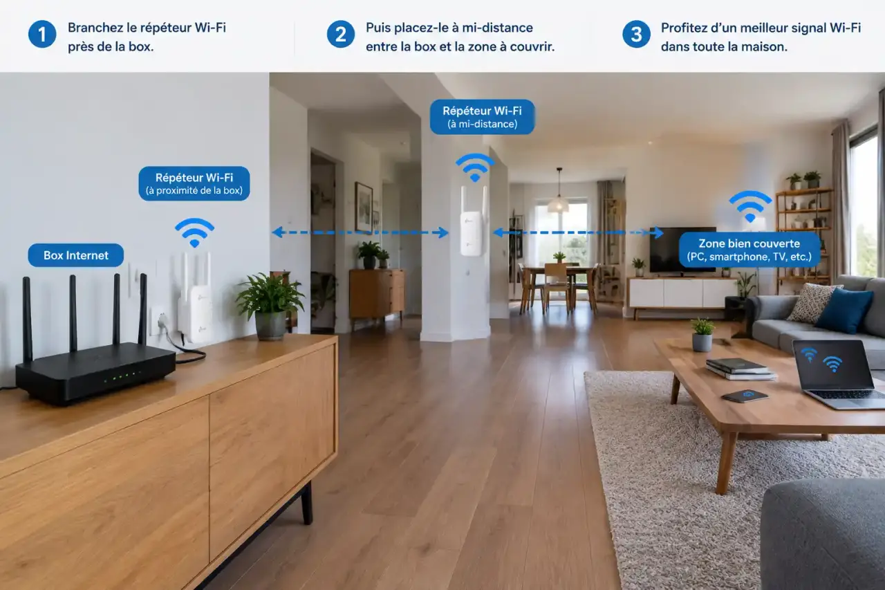 Branchez le répéteur Wi-Fi près de la box, puis placez-le à mi-distance