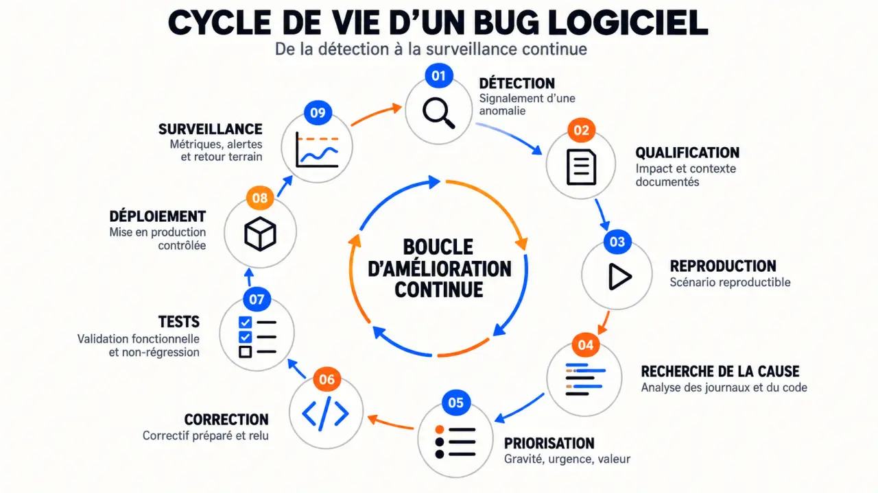 Schéma du cycle de vie d’un bug logiciel, de la détection au déploiement du correctif