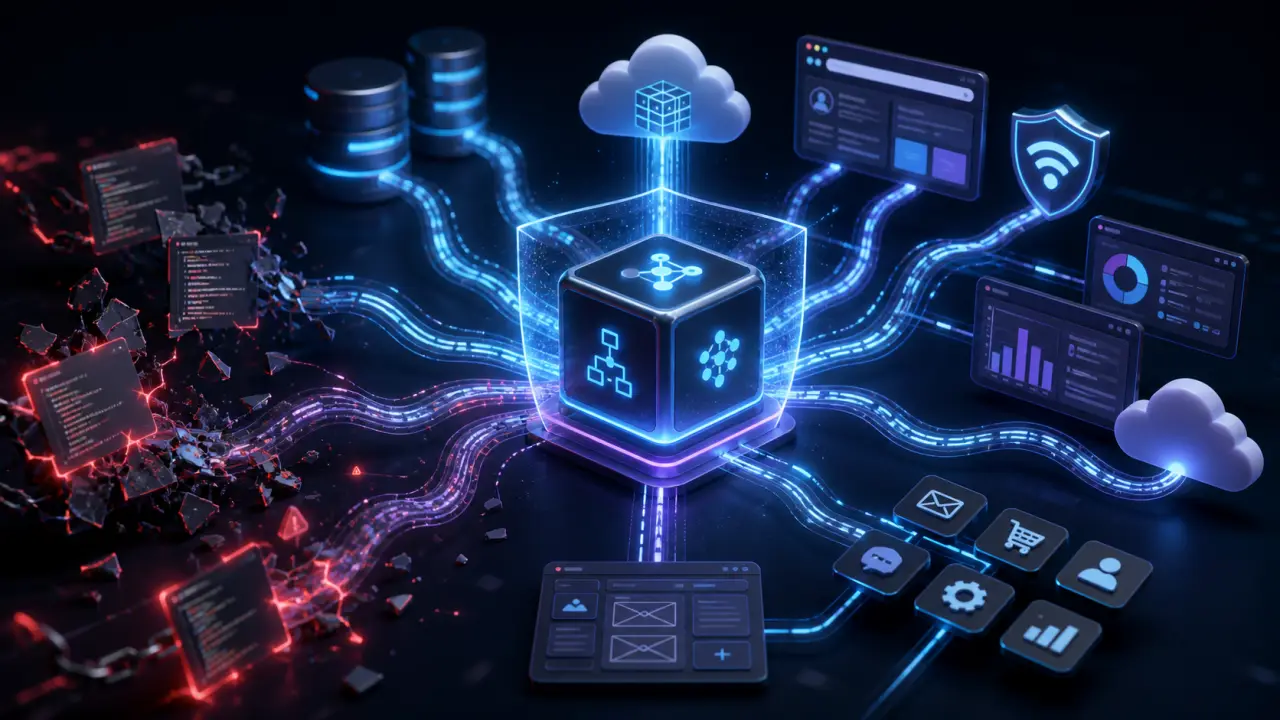Flux de données futuristes circulant entre des serveurs dans un environnement cybernétique sombre