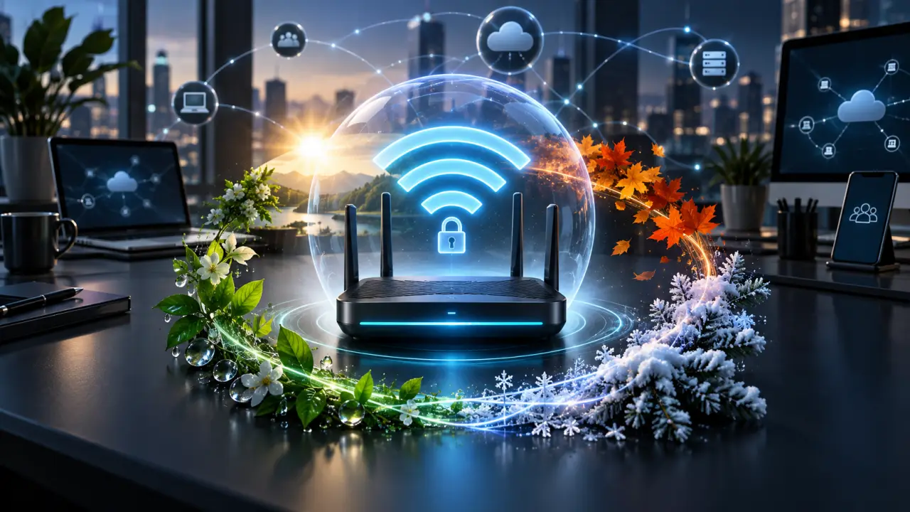 Réseau Wi-Fi professionnel sécurisé reliant des équipements dans un environnement numérique sombre