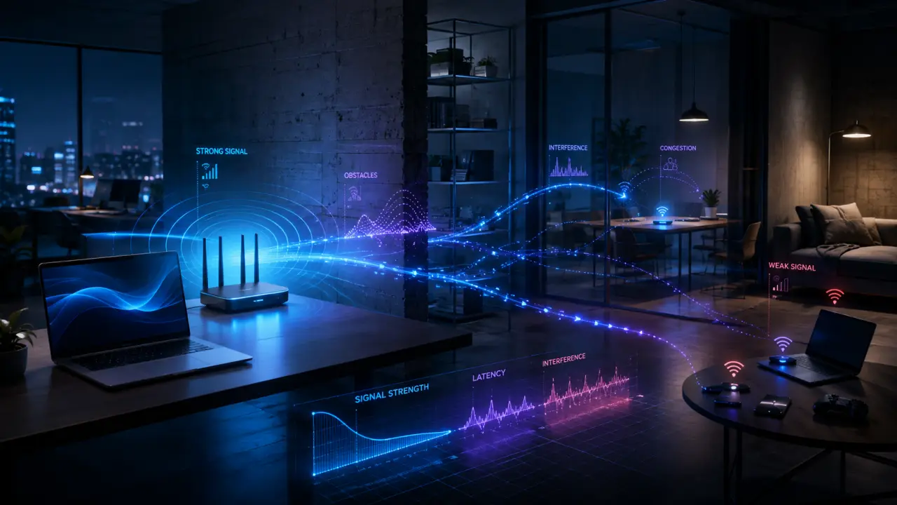 Visualisation futuriste de flux de données Wi-Fi entre plusieurs appareils