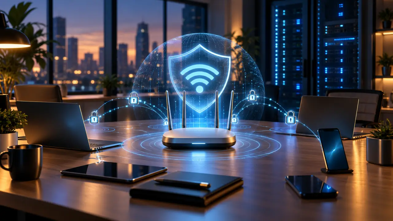 Réseau Wi-Fi professionnel sécurisé avec points d'accès et connexions chiffrées