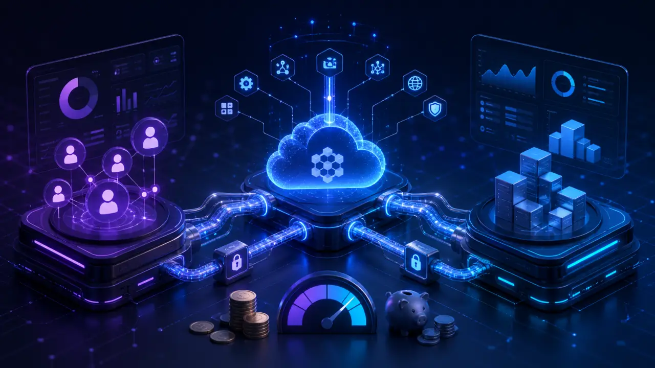 Illustration 3D de flux de données reliant des systèmes CRM et ERP dans un environnement cybernétique