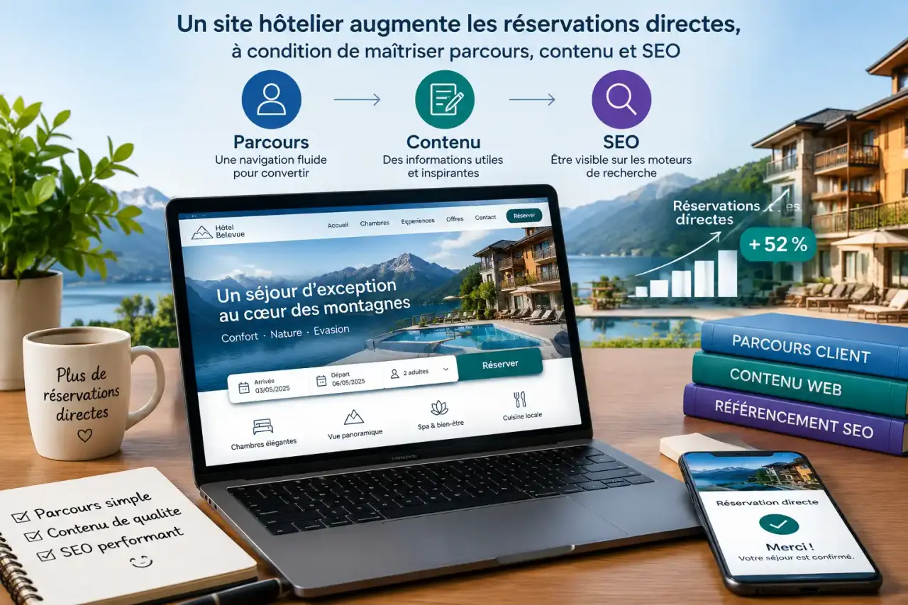 Un site hôtelier augmente les réservations directes, à condition de maîtriser parcours, contenu et SEO