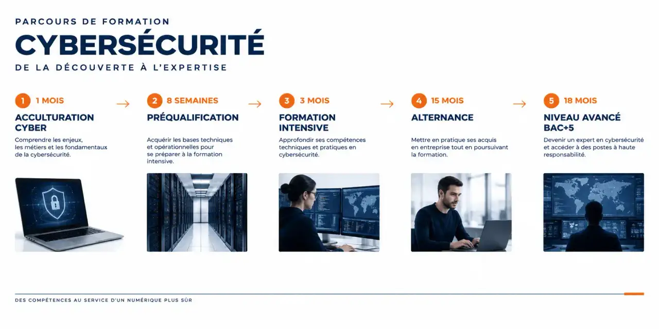Frise des parcours de cybersécurité formation, de la découverte d'un mois au niveau Bac+5 de 18 mois