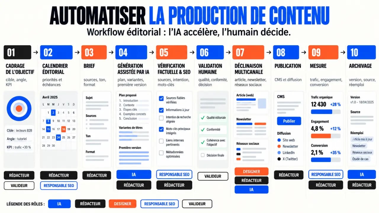 Workflow d'automatisation production contenu avec validation humaine et mesure des performances
