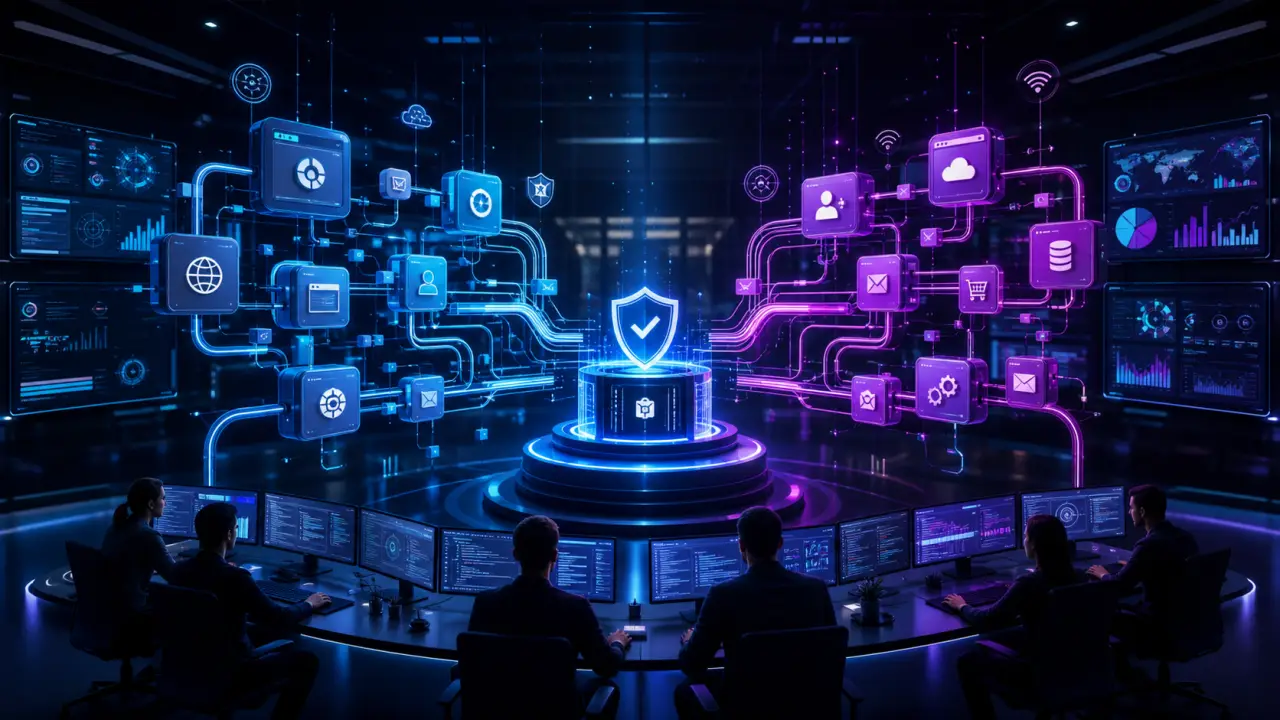 Flux de données numériques reliant des serveurs dans un environnement cybernétique sombre